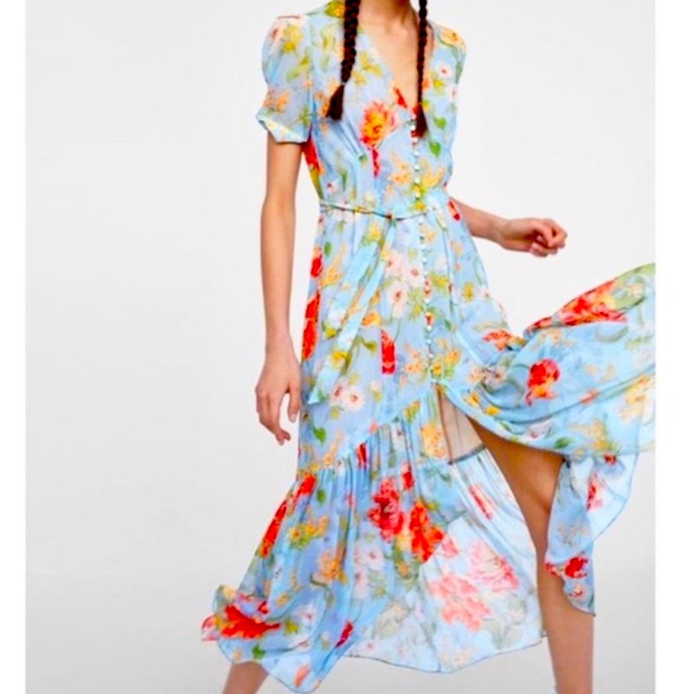 ZARA Blogger Fave Sky Blue Floral Print Midi Dress
